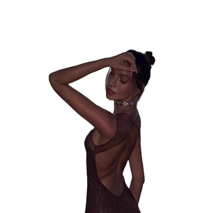 Rhinestone Embellished Halter Bodycon Maxi Dress