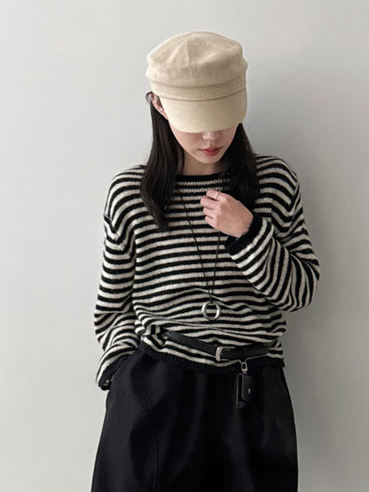 Casual wool retro striped lazy soft waxy knitted sweater women's spring new long-sleeved top