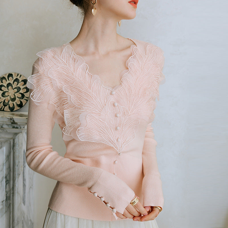 Pink feather cotton-blend knitted sweater bottoming shirt women's long-sleeved top