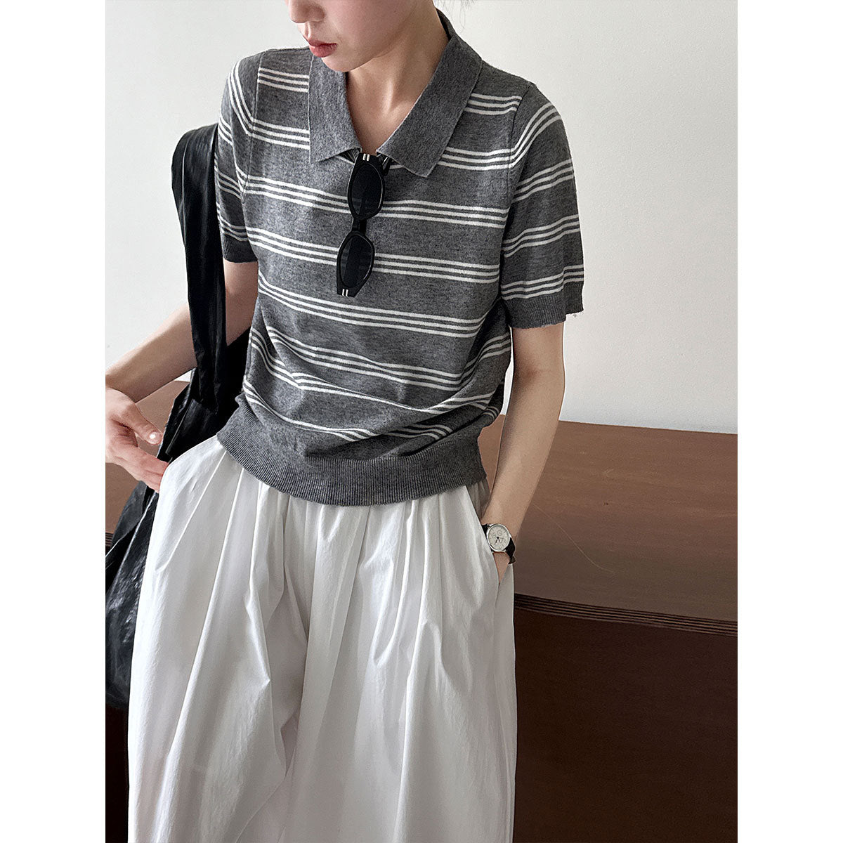 Korean striped lapel neck knitted sweater top women's autumn new contrasting color casual commuter short sleeve Tss746