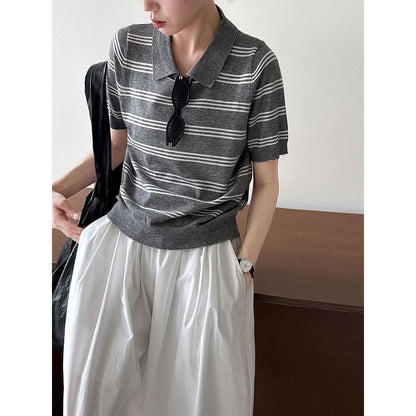 Korean striped lapel neck knitted sweater top women's autumn new contrasting color casual commuter short sleeve Tss746