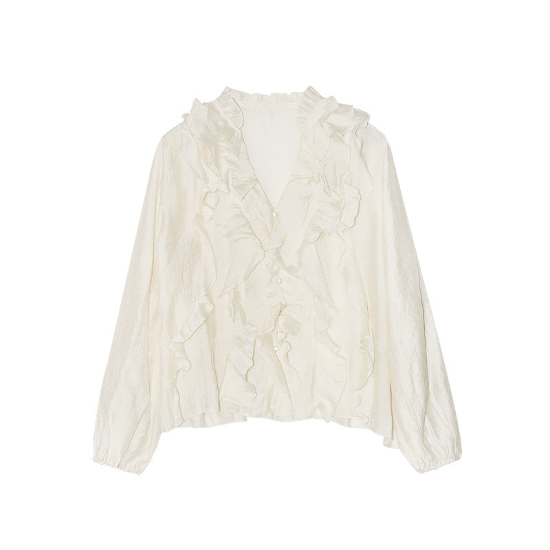 Early spring French gentle ruffle edge temperament elegant drape shirt
