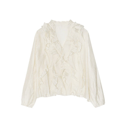 Early spring French gentle ruffle edge temperament elegant drape shirt
