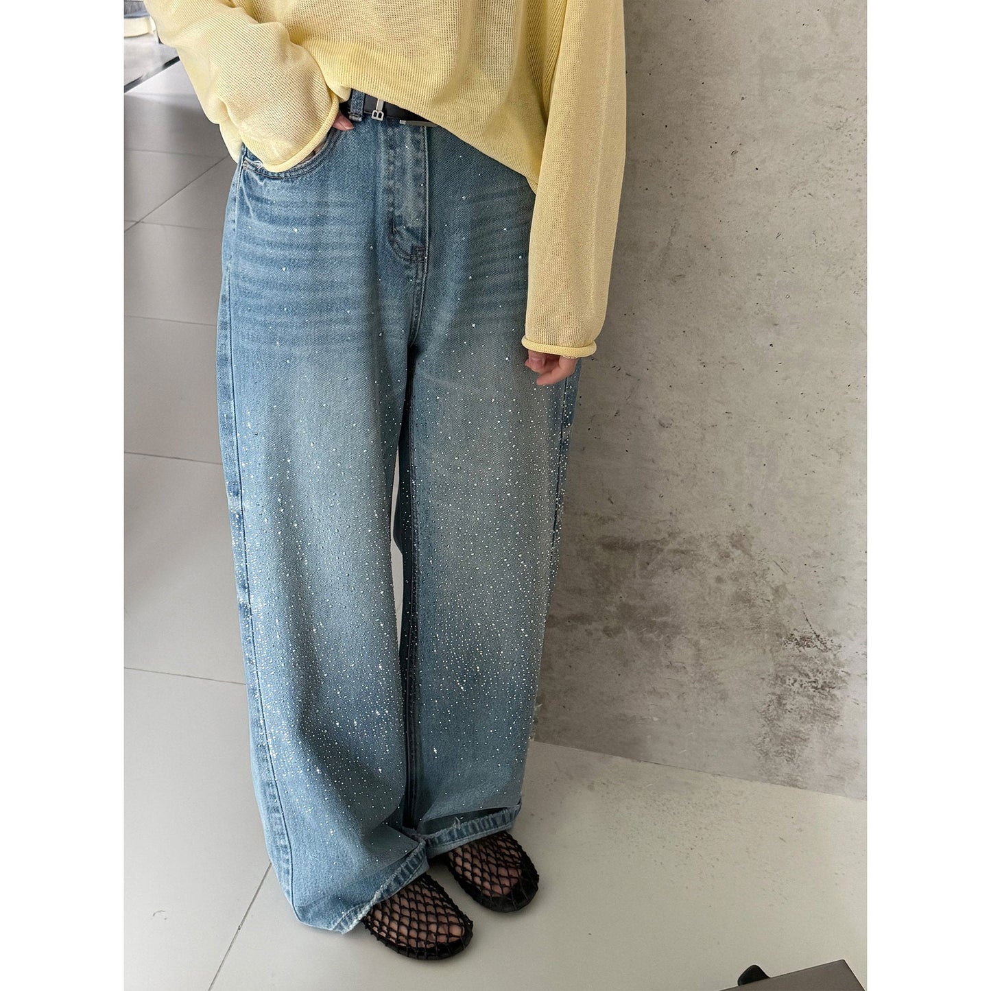 American retro gypsy hot diamond casual versatile wide-leg jeans spring new high-waisted trousers