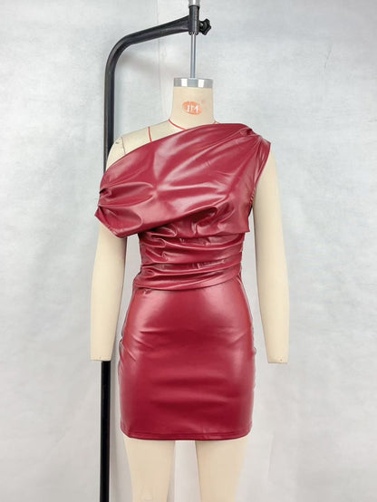 One-Shoulder PU Leather Mini Dress