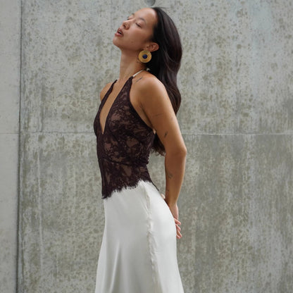New sexy satin lace neck dress splicing hollow waist European and American suspender dress women