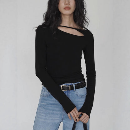 Red Asymmetric Cutout Long Sleeve Top | Slim Fit Spring Base Layer