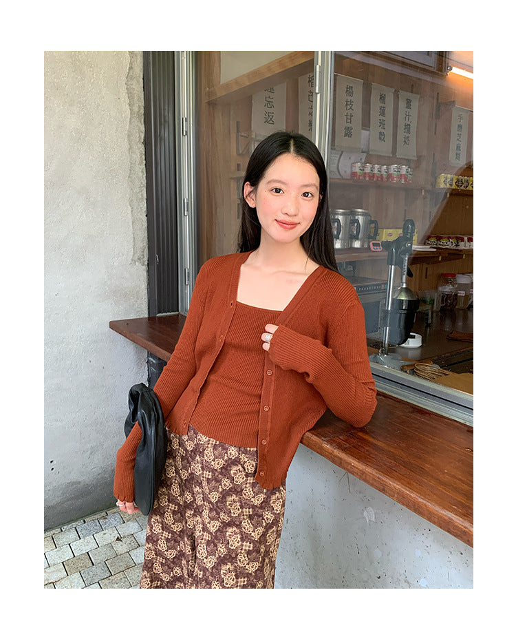 Versatile Lyocell pit strip long-sleeved v-neck knitted cardigan