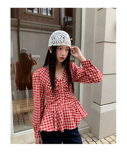 Women's V-Neck Plaid Ruffle Pleated-Waist Slim-Fit Long Sleeve Cotton Shirt