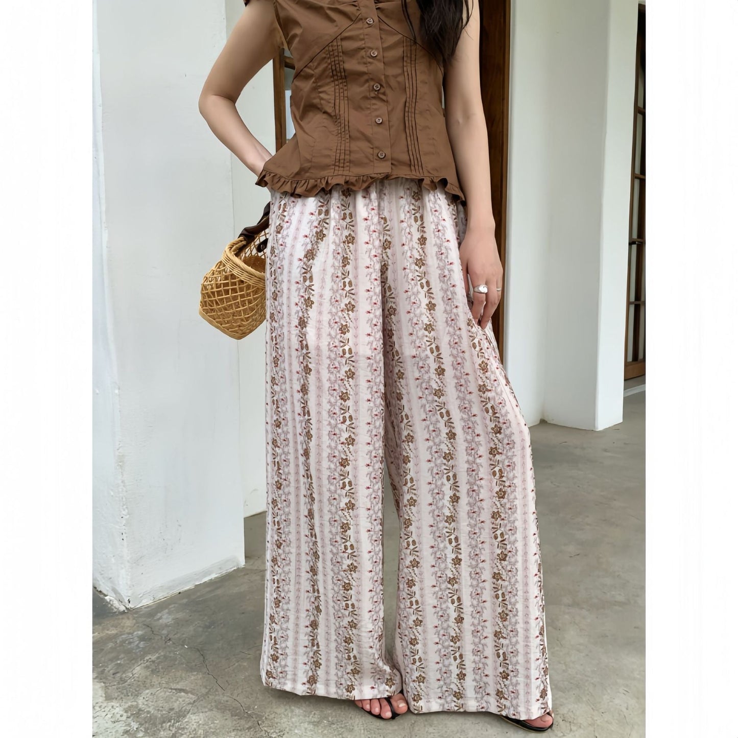 Floral pants retro drape mopping loose wide-leg pants