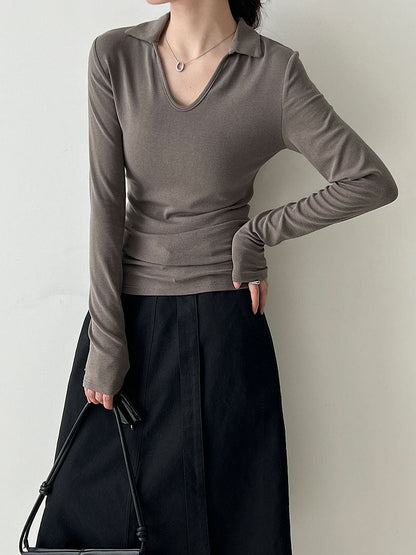 Simple design slim-fitting v-neck high-end sense thin bottoming shirt women's autumn new small lapel top