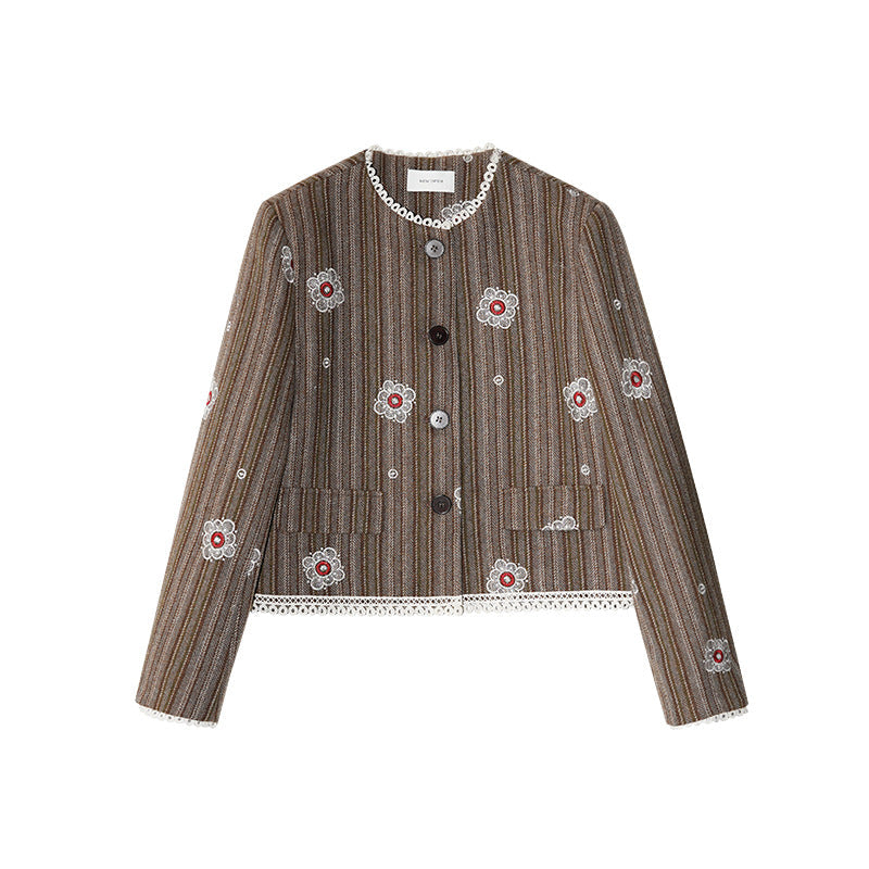 Autumn old money retro embroidered wool crew neck lace short coat