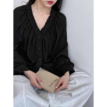 Korean temperament pleated V-neck loose shirt spring new commuter cool sunscreen long-sleeved shirt