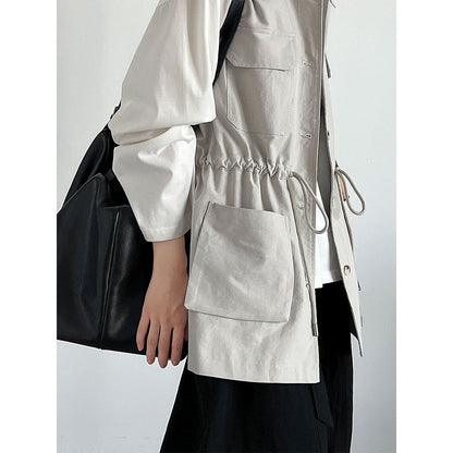 American design tooling style vest women's autumn new drawstring waist pocket sleeveless top