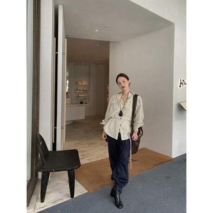Spring Japan and Korea Casual Tooling Lapel Long Sleeve Loose Double Pocket Shirt