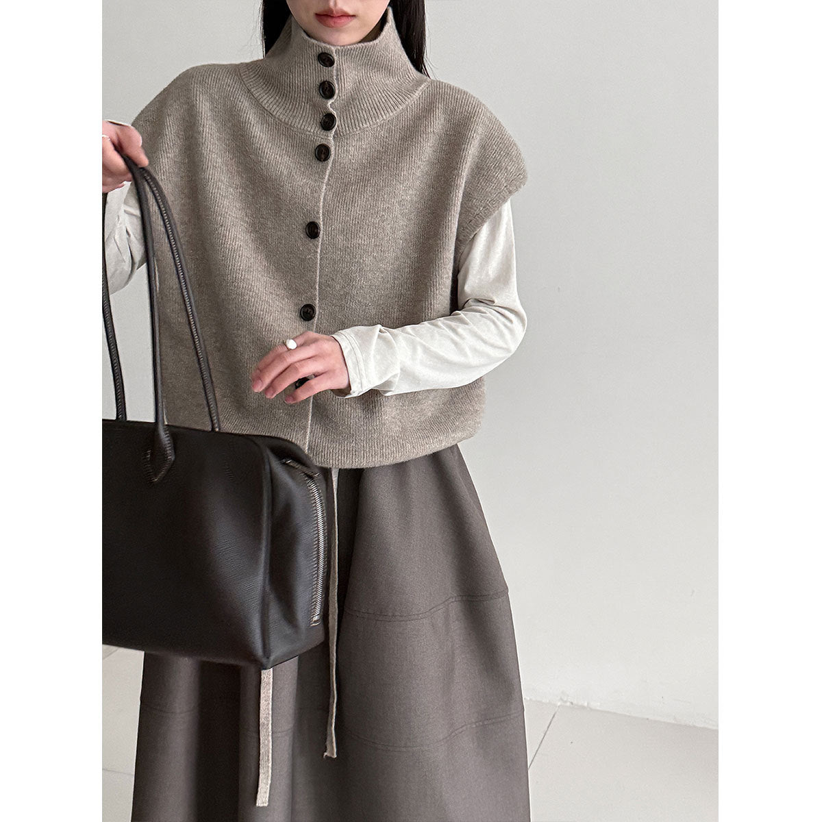 Korean stacked turtleneck knitted vest women's spring drawstring waist versatile sweater vest