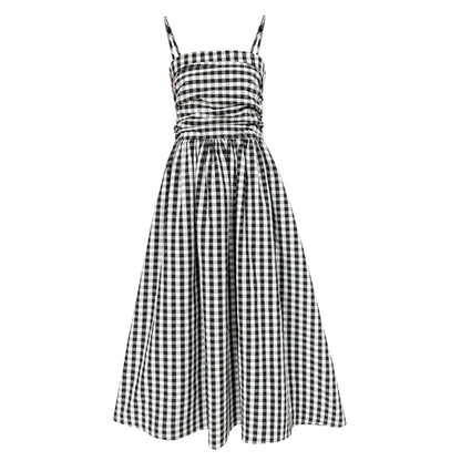 French high-end plaid tube top suspender dress women's spring off-the-shoulder pleated waist a-word long dress