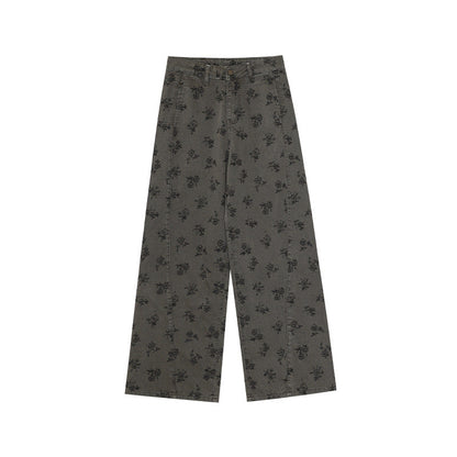 Casual slim cotton-blend dark printed straight denim trousers