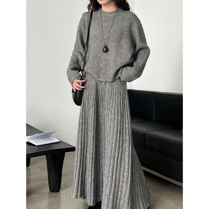 Korean lazy style crew neck knitted sweater + high waist and thin pleated skirt women's autumn and winter suit