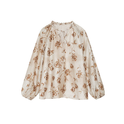Autumn French retro loose Tencel hemp print lace-up stand-up collar shirt