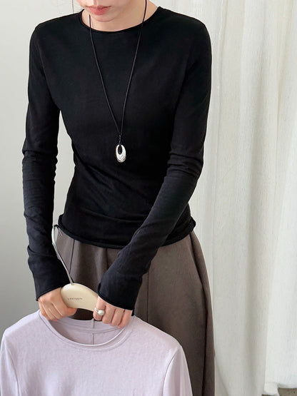 Korean versatile curled round neck T-shirt bottoming shirt women's autumn new long-sleeved slim-fit top