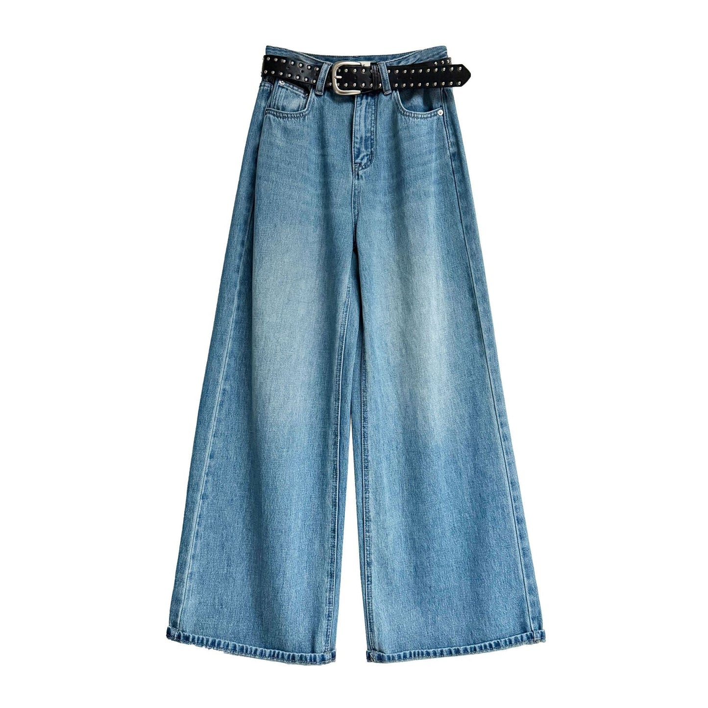 Korean version of high waist wide leg jeans women's spring loose and thin rivet belt straight mopping pants