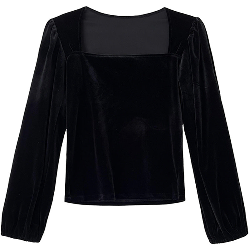 Black gold velvet square neck shirt women's autumn light ripe design bubble sleeve shirt revealing collarbone top