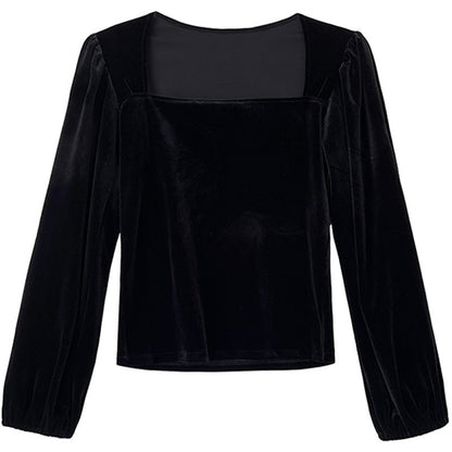 Black gold velvet square neck shirt women's autumn light ripe design bubble sleeve shirt revealing collarbone top