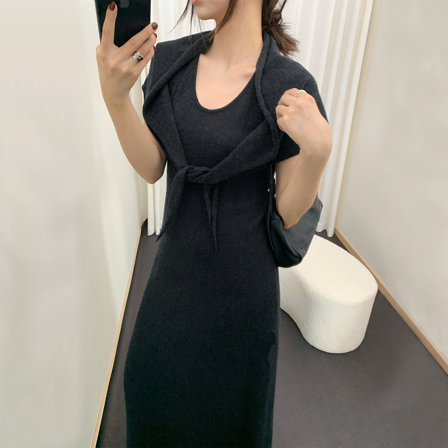 U-Neck Sleeveless Dress Women High Waist Wool Knit Maxi Two-Piece