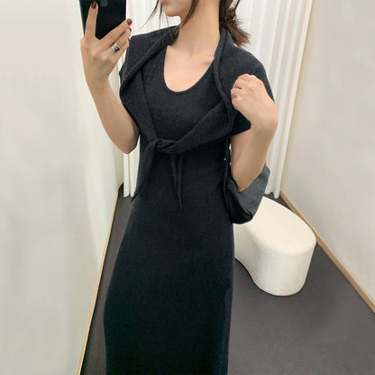 U-Neck Sleeveless Dress Women High Waist Wool Knit Maxi Two-Piece