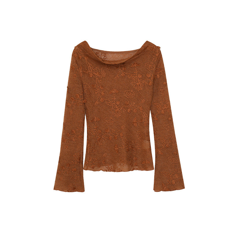 Hollow heavy industry jacquard swing neck long-sleeved bottoming shirt top