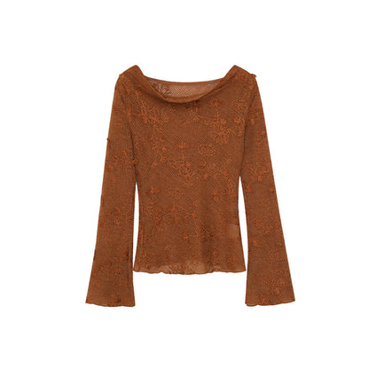 Hollow heavy industry jacquard swing neck long-sleeved bottoming shirt top