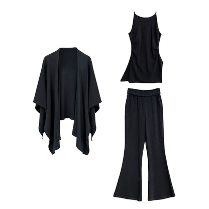 cape shawl + waist sling vest + high waist flared pants women's 25 autumn new three-piece set