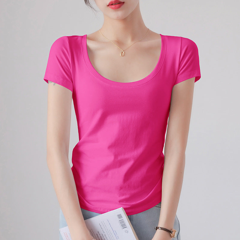 Round Neck Short Sleeve T-Shirt Women Slim Fit Cotton Base Layer Top