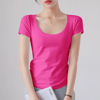 Round Neck Short Sleeve T-Shirt Women Slim Fit Cotton Base Layer Top