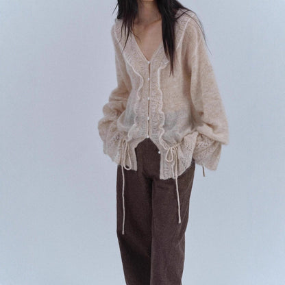 Oversized Mohair Wool Cardigan | V-Neck Drawstring Pearl Button Ruffle Hem