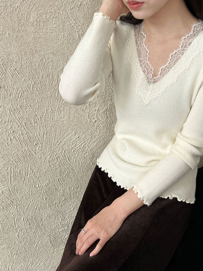 French slim temperament lace v-neck thin inner women's winter new inner versatile knitting