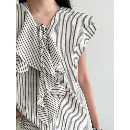 Korean design ruffle shirt women's summer new V-neck striped versatile and thin top