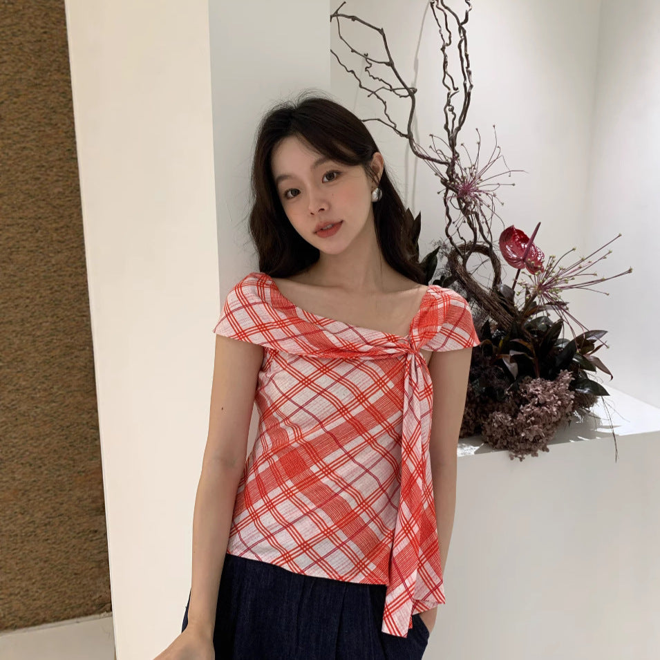 Retro beautiful top design streamer plaid t-shirt