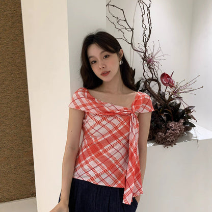 Retro beautiful top design streamer plaid t-shirt