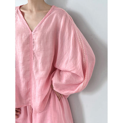 Korean style designer casual v-neck long sleeve top + versatile shorts women's summer new arrival lazy loungewear set