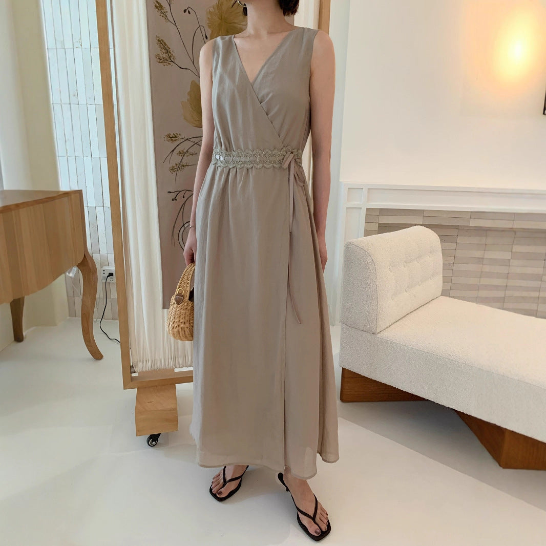 Women's V-Neck Sleeveless High-Waist Belted Tencel Maxi Dress