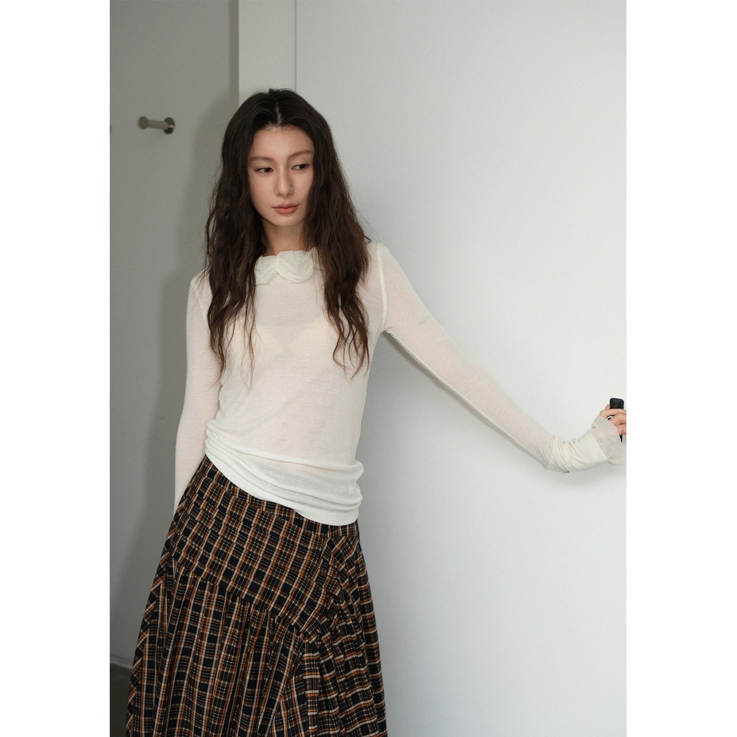 Mesh Flower Collar Knitted Sweater Women Round Neck Long Sleeve Slim Fit