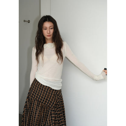Mesh Flower Collar Knitted Sweater Women Round Neck Long Sleeve Slim Fit