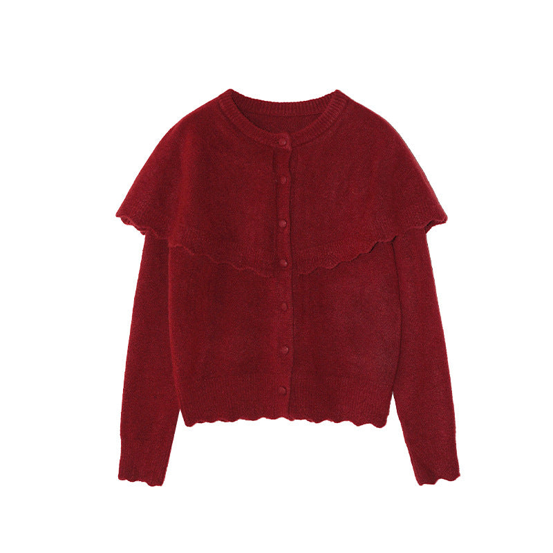 French Sweet Age Reduction Single-breasted Crew Neck Shawl Sweater Cardigan