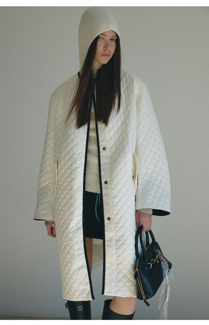 Winter new casual round neck single-breasted quilted contrasting color medium and long cotton jacket