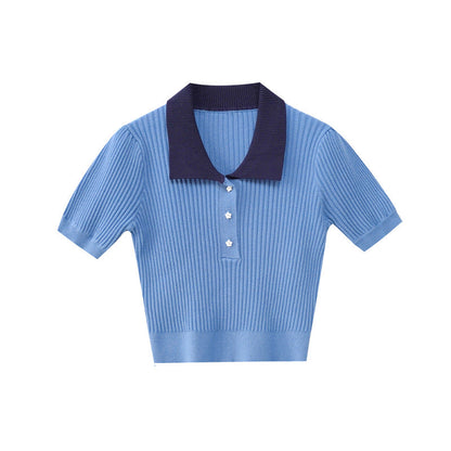College Fashion Commuter Lapel Short Sleeve Knitwear