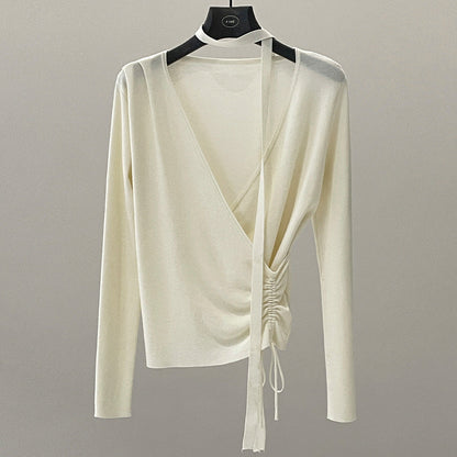Drawstring design sense temperament Lyocell chest wrap slim streamer V-neck knitted sweater spring
