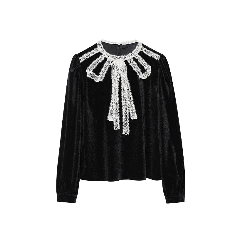 Vintage Lace Design Sense Long Sleeve Crew Neck Velvet Sweater