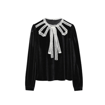 Vintage Lace Design Sense Long Sleeve Crew Neck Velvet Sweater